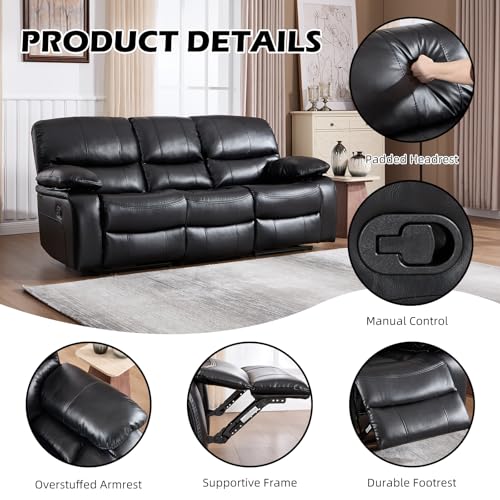 3-Seat Faux Leather Manual Reclining Sofa with Drop-Down Table and Cup Holders