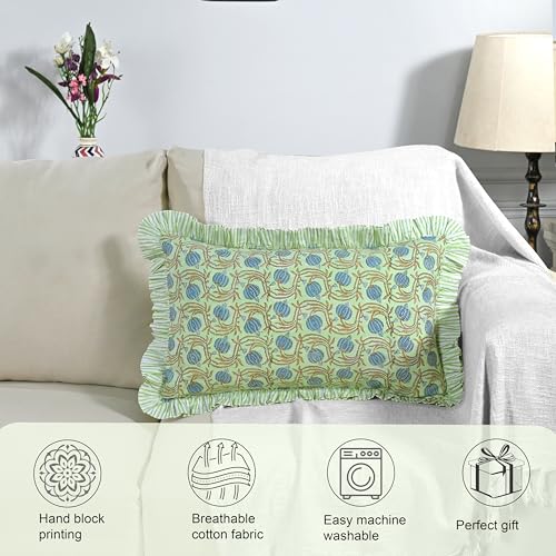 Ridhi Hand Block Print Green Cotton Pillow Sham 20x12 Inch Decor Accent