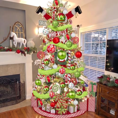 Christmas Decorations 92 Pcs Red Green White Ornaments Set with Glitter & Faux Fur Ribbon