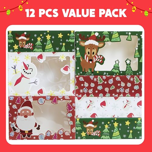 JOYIN 12-Pack Christmas Cookie Boxes with Window - 8.75 x 5.75 x 2.75 in Gift Boxes (Green/Red/White) for Cookies, Cupcakes & Pastries, festive holiday