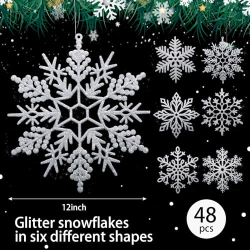 Sratte Silver 48 Pcs 12-inch Glitter Snowflake Ornaments for Christmas & Winter Decor