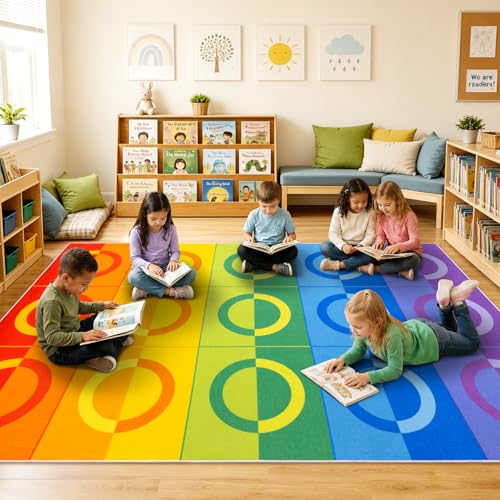 Classroom Rug with 15 Rainbow Circles, 5x7.6 Foot Non-Slip Educational Carpet