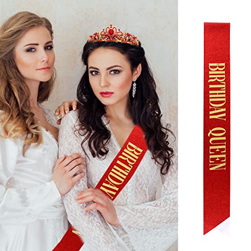 Rhinestone Birthday Tiara Crown with Sash Set for Women and Girls