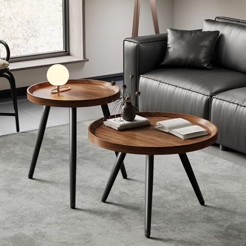 2-Piece Mid-Century Modern Nesting Coffee Table Set, Walnut Wood Finish