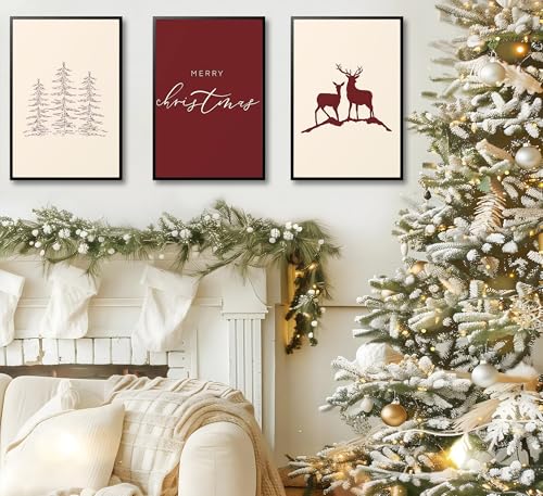 FJKLRP 3pcs Christmas Canvas Wall Art Set 12x16 inches Unframed Red and Off-White