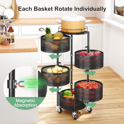 5-Tier Rotating Kitchen Storage Cart, Rolling Metal Wire Fruit Basket Stand