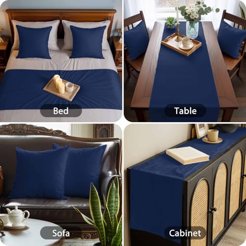 Navy Blue Bed Runner and 2 Pillow Covers Set for Queen Bed - Plush Scarf