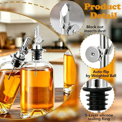 Silver 3 Pack Oil & Liquor Pour Spouts with Adapters, Auto Flip, Leak-Proof