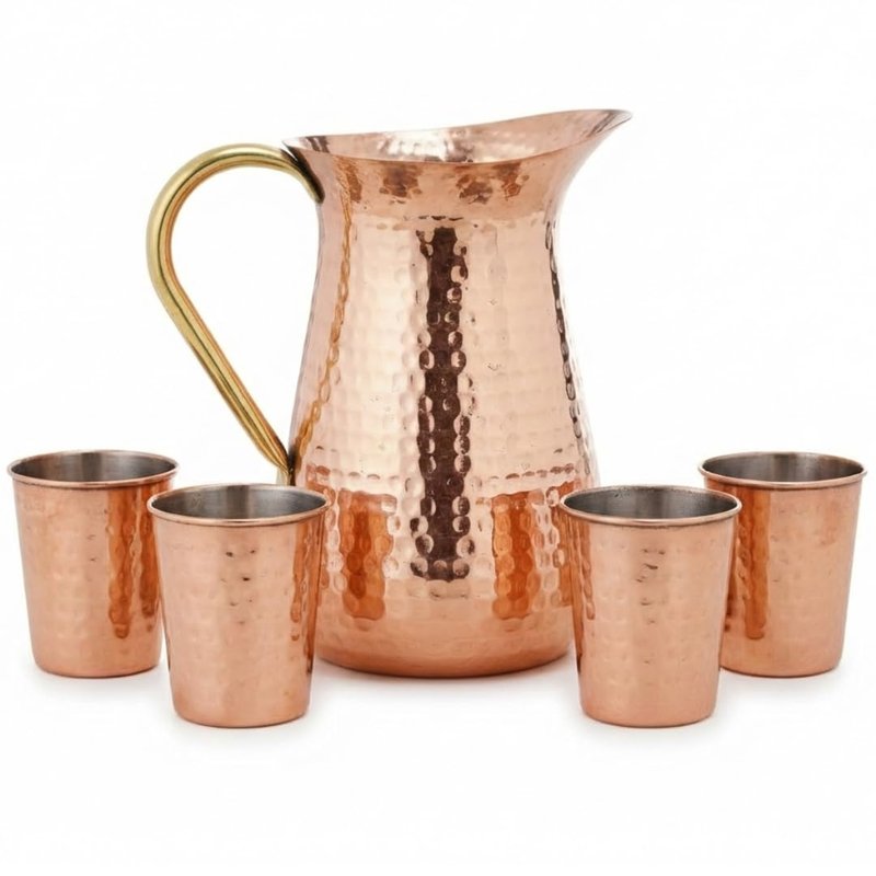 POSHGRAM Copper Pitcher Handcrafted Excellence, Hammered Texture Copper Water Pitcher with Sturdy Handle, Set of 4 Glasses for Everybody, Capacity of jug -1.25 L and Capacity of each glass -250ml