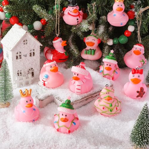Syhood Pink Christmas Rubber Ducks Hanging Ornaments - Pack of 12