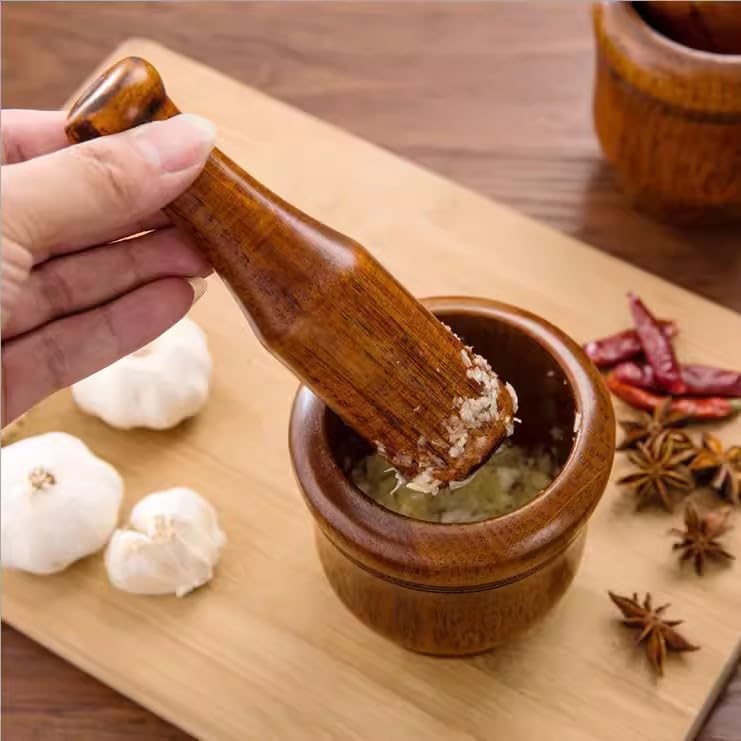 9.2oz Mortar and Pestle Set,Wooden Grinding Bowl,Household Kitchen Manual Garlic Ginger Spices Grinder Crusher Make Fresh Guacamole Salsa Pesto Stone Grinder Bowl