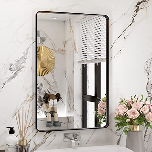 20x30 Inch Matte Black Bathroom Vanity Mirror, Rounded Rectangle Wall Mirror