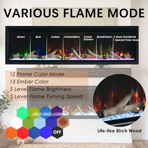 60 Inch Electric Fireplace Recessed Wall Mounted Heater with Thermostat
