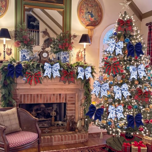 12-Piece Blue & White Plaid Christmas Bow Set with Chinoiserie Accents