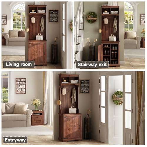 Farmhouse Hall Tree with Shoe Storage Bench, 6 Cubbies & 4 Coat Hooks, Brown