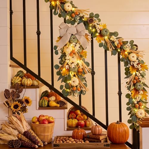 24-Inch Fall Pumpkin Teardrop Swag with Warm LED Lights for Front Door