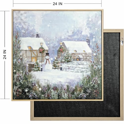 ArtbyHannah Snowy Village Christmas Canvas Wall Art 24x24 Inch, Framed Hand-Painted Holiday Decor