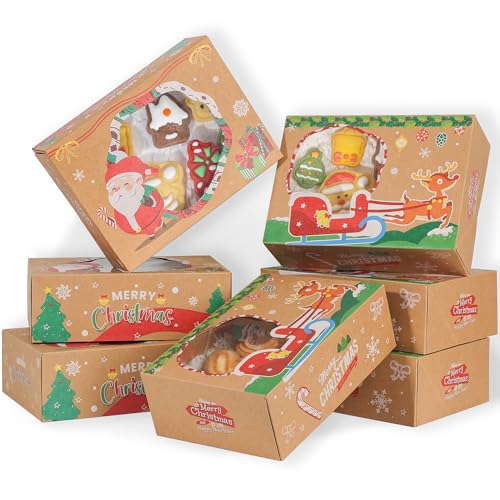 YEKTFS 12-Pack Christmas Cookie Tins with Window, 8.25x6x2.75 in Large Brown Gift Boxes with Lids - Cardboard