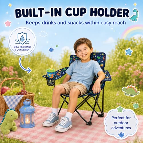 Kids Folding Camp Chair with Cup Holder & Carry Bag - Dinosaur Toddler Chair