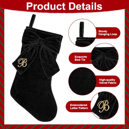 Black Velvet Christmas Stockings with Personalized Monogram & Elegant Bow - 19 Inch Holiday Decor