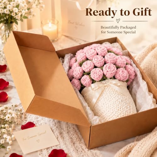 Pink Crochet Rose Bouquet Throw Blanket - Handmade Knit 43in by VORPVAOE