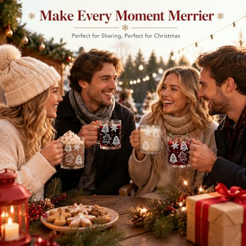 LemonRoad 4 Pcs Christmas Glass Coffee Mugs 12 oz Gingerbread Cups - Variation: 4 / Christmas