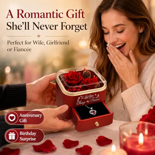 Red Preserved Rose Box with Necklace - Long Lasting Flower Gift for Women