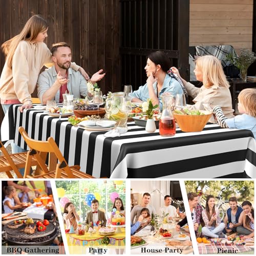 Mulbozy Black & White Stripe Tablecloth 54x108 in, 2 Pack – Disposable Plastic Table Cover
