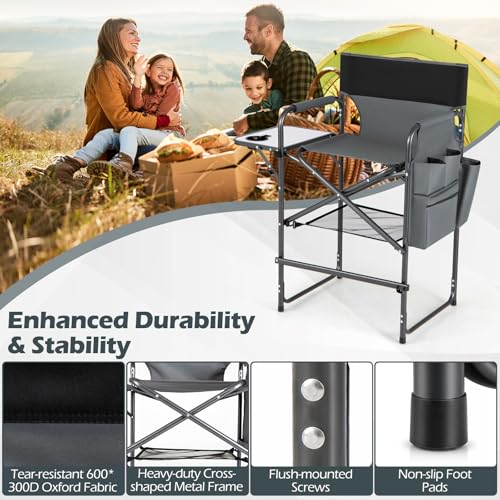 Folding Tall Director Chair with Side Table and Storage Pockets, 26" Seat