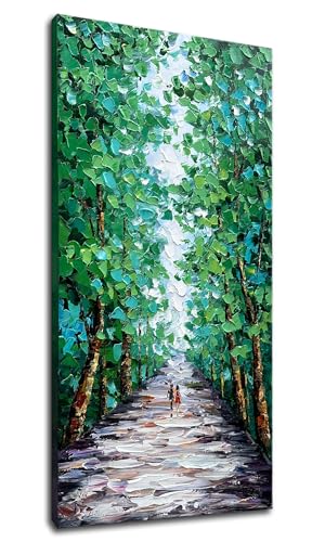 Large Hand-Painted Abstract Forest Canvas Wall Art, 24x48 Inch Vertical Decor
