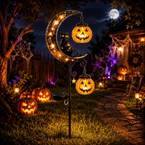 Solar Black Cat & Pumpkin Moon Garden Stake Light - Waterproof Pathway Decor