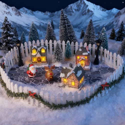 4PCS Christmas Village Accessories Sets, 2PCS 4.7" x 47.2"Christmas Village Brick Snow Road Street Mat & 2PCS 35"Wooden Picket Fence,Villages Landscape Road Mats Decoration for DIY Miniature Landscape