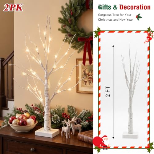 2FT Lighted Birch Tree Lamp with Warm White LED Lights & Timer (2 Pack)