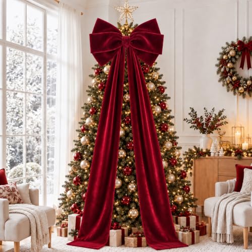 DULEFUN 28x79 in Burgundy Velvet Christmas Tree Topper Bow - 79in Burgundy-1