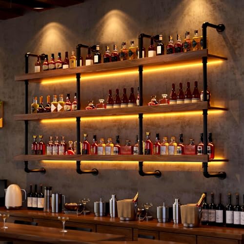 47-inch Wall-Mounted Wine Rack with LED Lights - Solid Wood Floating Shelf