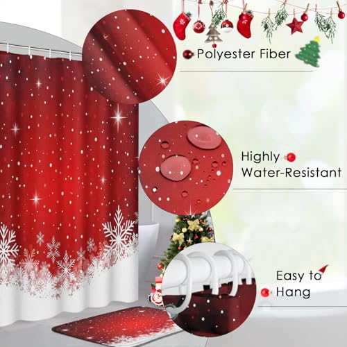 Christmas Bathroom Set with Shower Curtain and Rugs - ArtSocket White Red