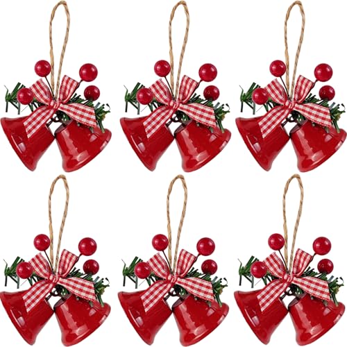 TIHOOD 6-pack Red Christmas Bell Ornaments 3in Metal Jingle Bells for Tree Decor