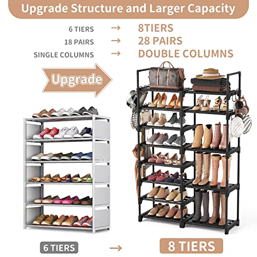 8-Tier Metal Shoe Rack Organizer, Stackable Storage Shelf with 15 Hooks
