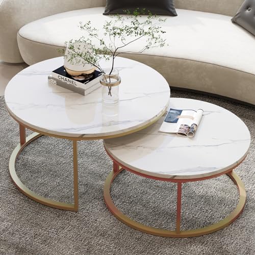 Modern Round Nesting Coffee Table Set of 2, Faux Marble Top with Gold Frame