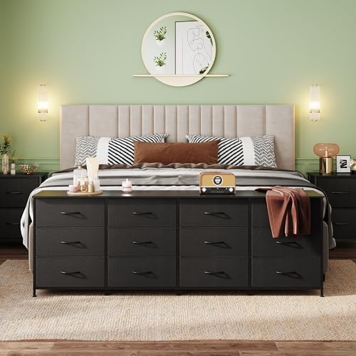 12-Drawer Long TV Stand Dresser for 85 Inch TVs, Black Storage Console