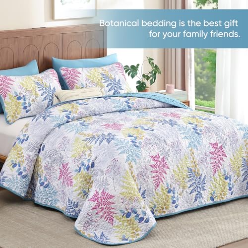 Blue Botanical Leaf Quilt Set King Size, 3-Piece Lightweight Microfiber Coverlet