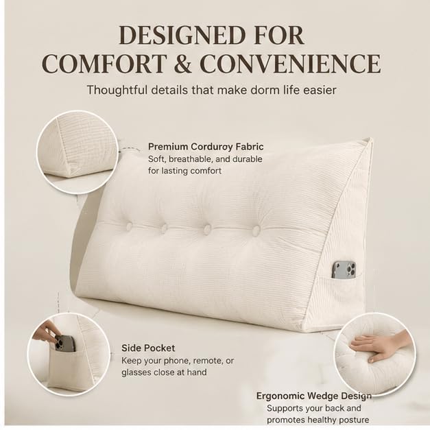 Twin XL Dorm Headboard Pillow - Plush Wedge Cushion for Back Support