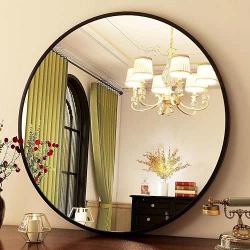 30-Inch Round Wall Mirror with Black Aluminum Alloy Frame