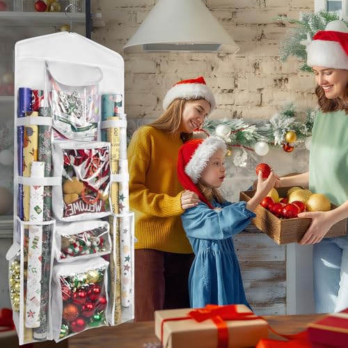 Double-Sided Hanging Wrapping Paper Organizer with Pockets