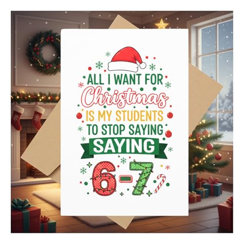All I Want For Christmas Is My Students To Stop Saying 6-7 Teacher Card - Funny Holiday Meme Greeting Card with Kraft Envelope