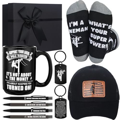 Berlune Lineman Gift Set for Men - Prayer Keychain, Hat, Mug, Socks, Pens & Gift Box