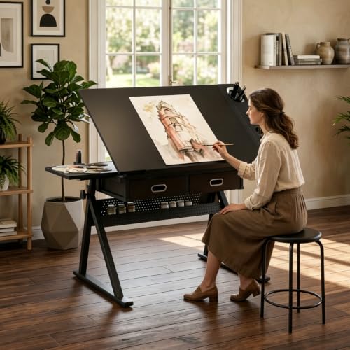 Height Adjustable Drafting Table with Stool and Storage - Tilted Art Desk