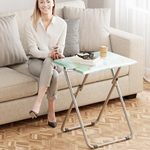 Folding TV Tray Table Set of 2 with Phone Slot, Sea Blue Marble, 25.6-inch