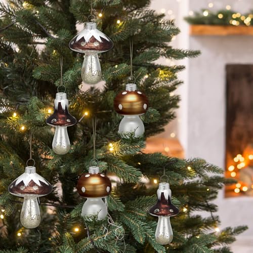 Vercraft Rustic Glass Mushroom Christmas Ornaments - Set of 6 for Holiday Decor