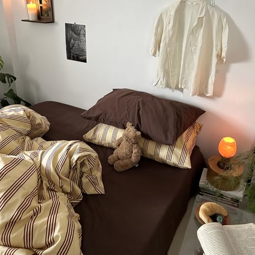 Retro Striped Cotton Duvet Cover Set Queen - 3-Piece Vintage Red Bedding